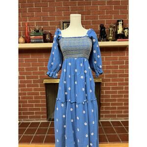 Free People Inspired Dahlia Flower Embroidered Cottagecore Spring Dress Blue